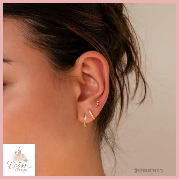 14K Gold Hoop Earrings Set, 3 Pairs, Hypoallergenic, Cartilage Studs - Picture 3 of 8